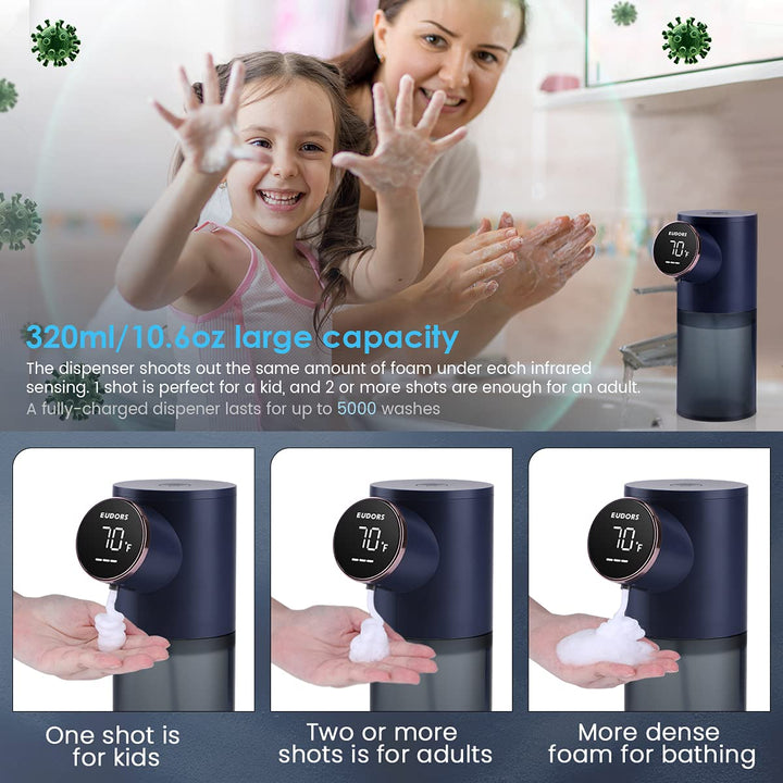 Automatic Touchless Soap Dispenser for Kitchen Sink, Electric Dish Foam Soap Dispenser with Temperature Display, Rechargeable Waterproof Soap Dispenser for Bathroom, Office, Hotel, Restaurant, Blue