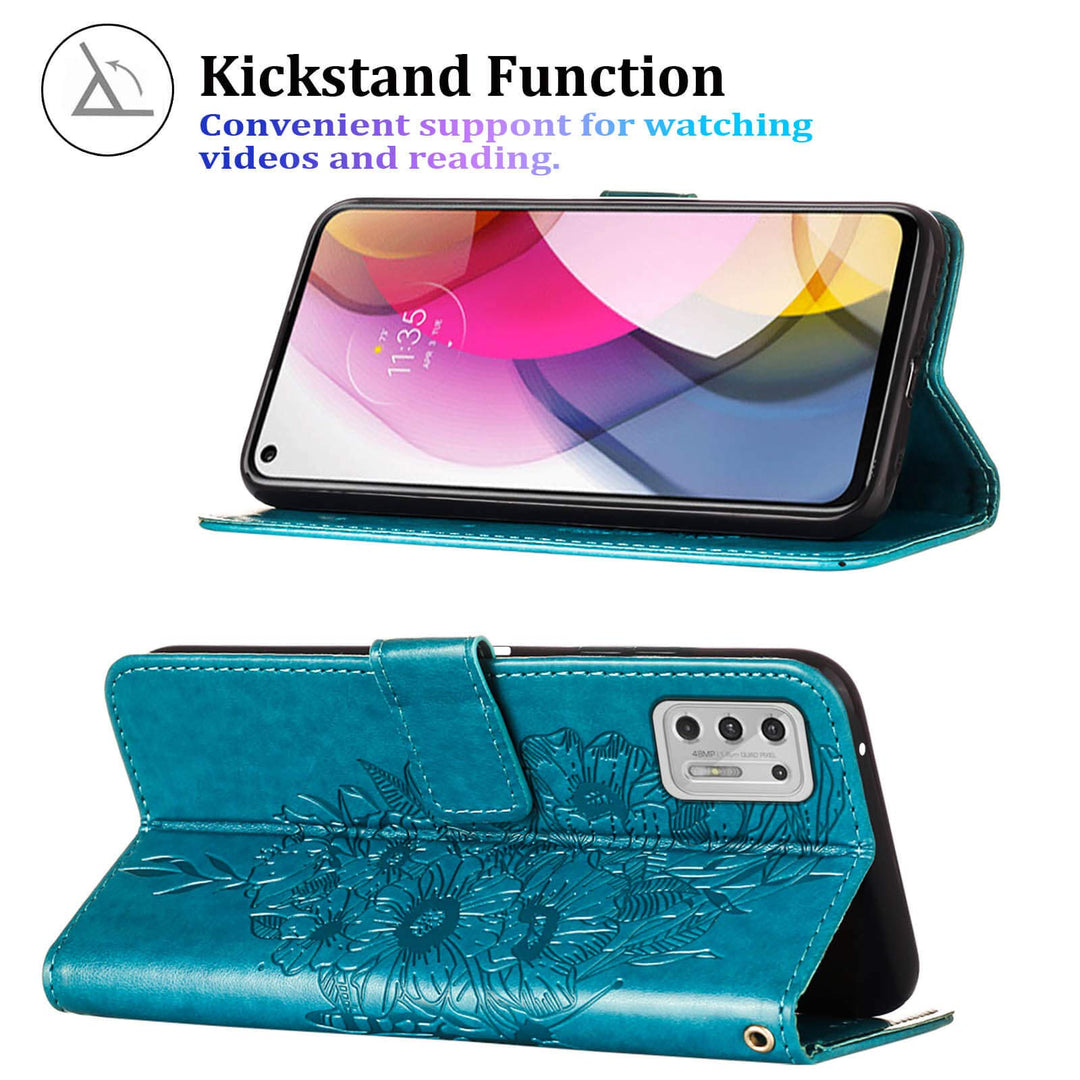 Compatible for Moto G Stylus 2021 Case Wallet,[Kickstand][Wrist Strap][Card Holder Slots] Butterfly Floral Embossed PU Leather Flip Cover for Moto G Stylus (2021) Case (Blue)
