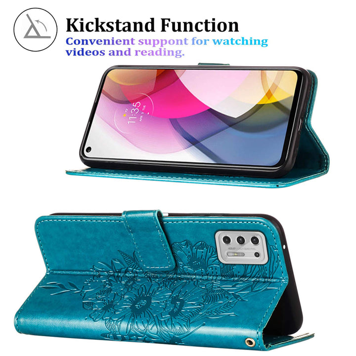 Compatible for Moto G Stylus 2021 Case Wallet,[Kickstand][Wrist Strap][Card Holder Slots] Butterfly Floral Embossed PU Leather Flip Cover for Moto G Stylus (2021) Case (Blue)