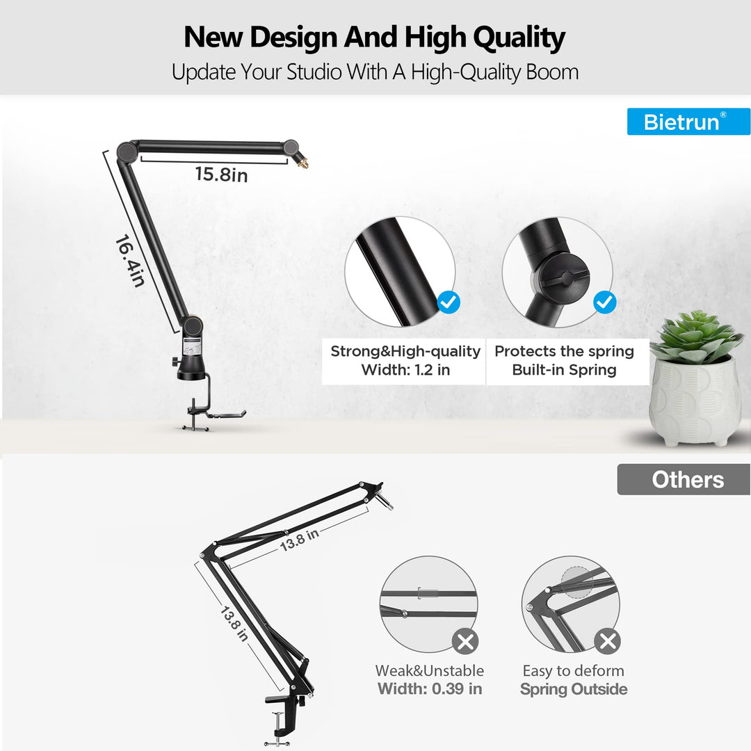 Mic Arm Desk Mount(Longer)for Shure SM7B/MV7/Blue Yeti/Nano/Hyperx Quadcast, Adjustable 360° Rotatable Universal Heavy Duty Metal Mic Arm with 3/8 to 5/8 Adapter, Cable Trough, Headset Hook