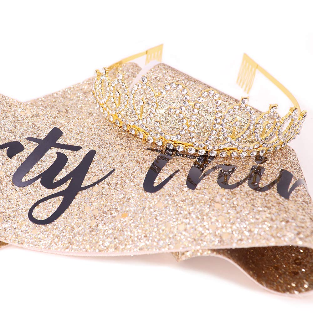 Dirty Thirty Sash &amp; Rhinestone Tiara Set - 30th Birthday Gifts Birthday Sash for Women Fun Party Favors Birthday Party Supplies (Gold Glitter with Black Lettering)