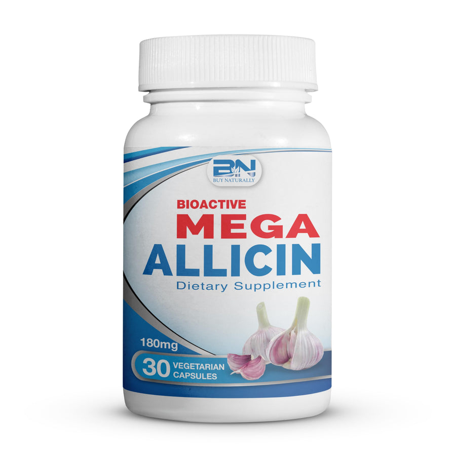 100% Pure Stabilized Allicin from Garlic, Odor-Controlled by Mega Allicin | 180,000mcg (180mg) Vegetarian (vCAPS) Non-GMO, Gluten-Free | Derived from Allium Sativum (30 Count)