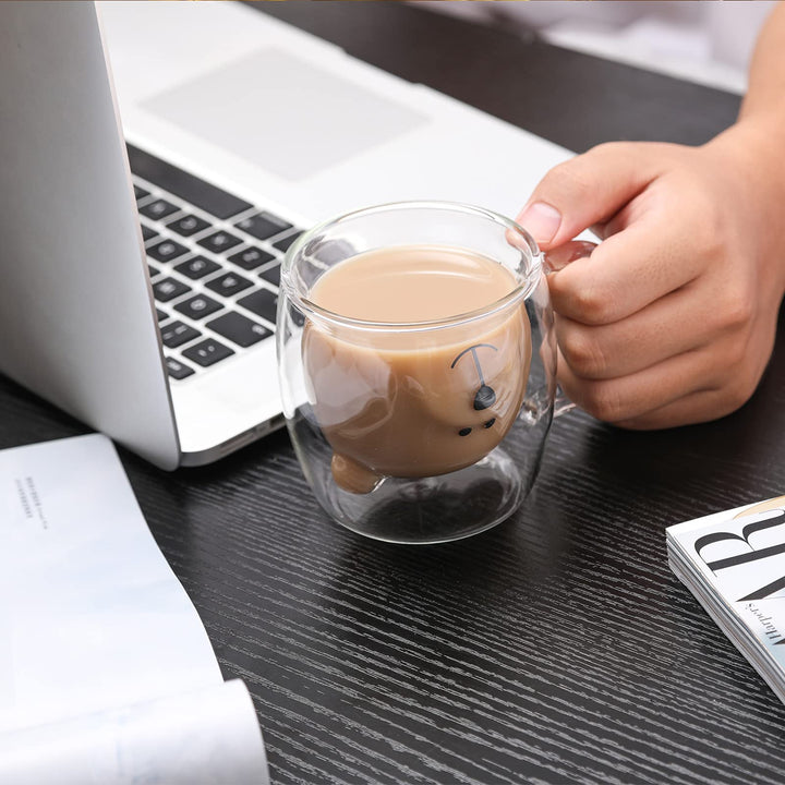 Cute Bear Mugs Set of 2 Cute Cups Bear Tea Coffee Cup with Handle 8.5oz Milk Cup Double Wall Insulated Glass Espresso Cups Glass Gift for Birthday Valentine&#39;s Day and Office (White Bear)