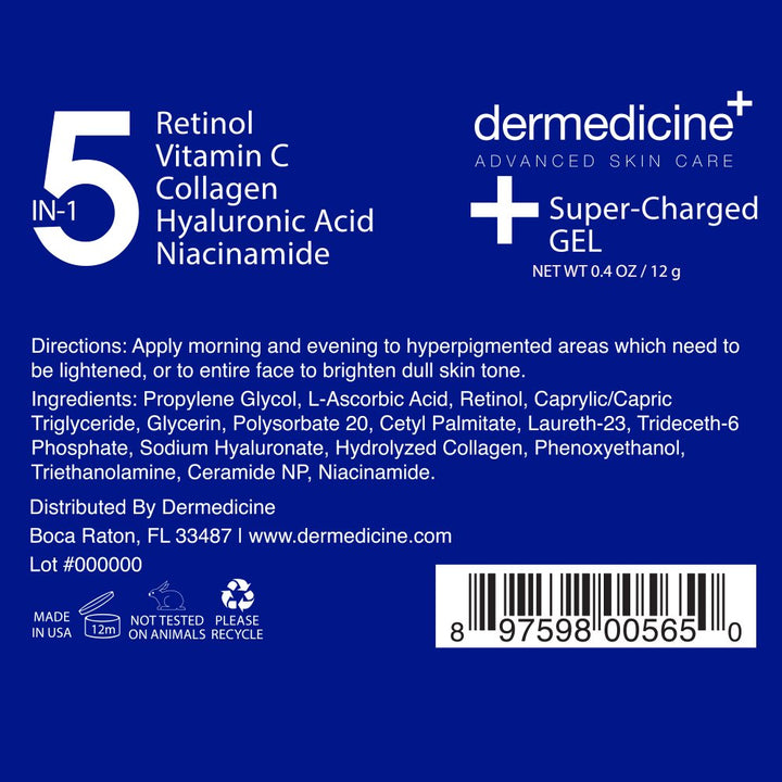 5 in 1 Super-Charged Gel for Face with Retinol, 3 Vitamin C, Collagen, Hyaluronic Acid, Niacinamide | May Help Improve Appearance of Fine Lines and Reduce Appearance of Dark Spots | .4 oz / 2 g