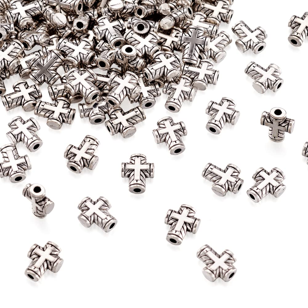 100Pcs Antique Silver Tiny Cross Spacer Beads 10x8mm Tibetan Metal Crucifix Cross Holy Charm Beads for Jewelry Maing Hole: 2mm