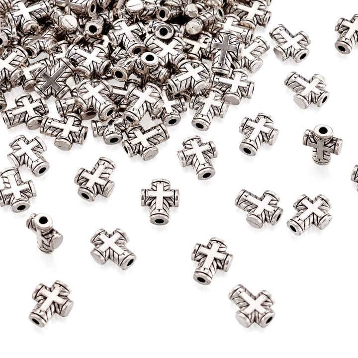 100Pcs Antique Silver Tiny Cross Spacer Beads 10x8mm Tibetan Metal Crucifix Cross Holy Charm Beads for Jewelry Maing Hole: 2mm
