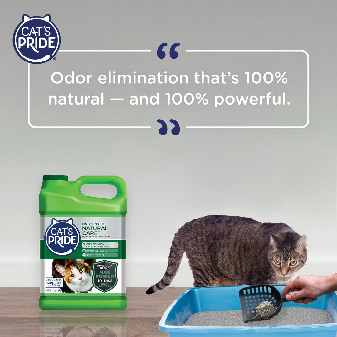 Cat&#39;s Pride Max Power: Natural Care - Up to 10 Days of Powerful Odor Control - 100% Natural Odor Elimination - Hypoallergenic - 99% Dust Free - Multi-Cat Clumping Litter, Unscented, 15 Pounds
