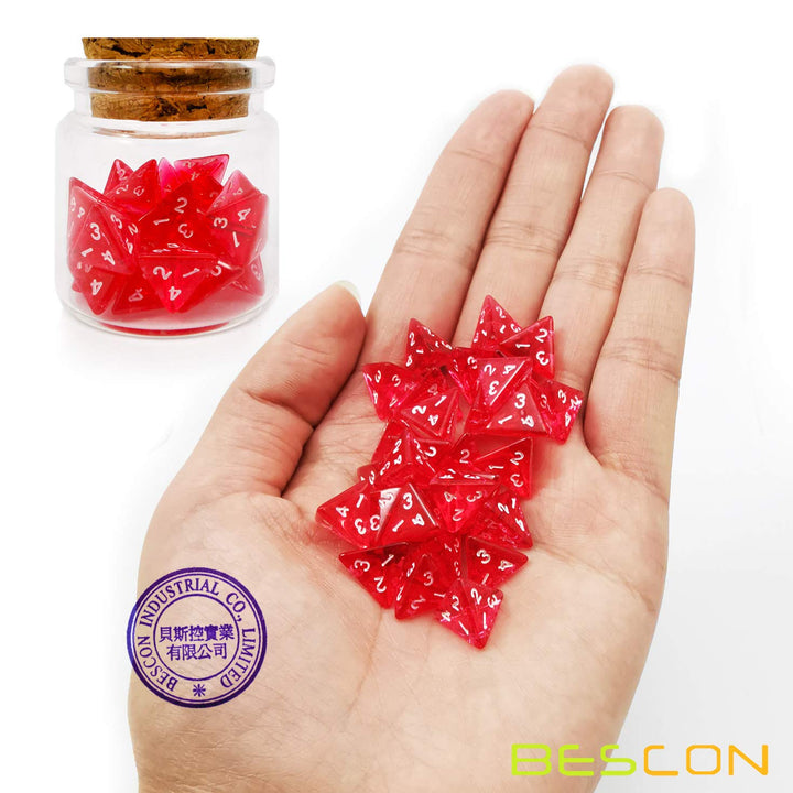 Bescon Mini Transparent Red D4 Dice 30pcs Healing Potion Bottle, 30pcs Roleplaying Mini Red Gem D4 Dice Healing Potion Pack in Glass Jar