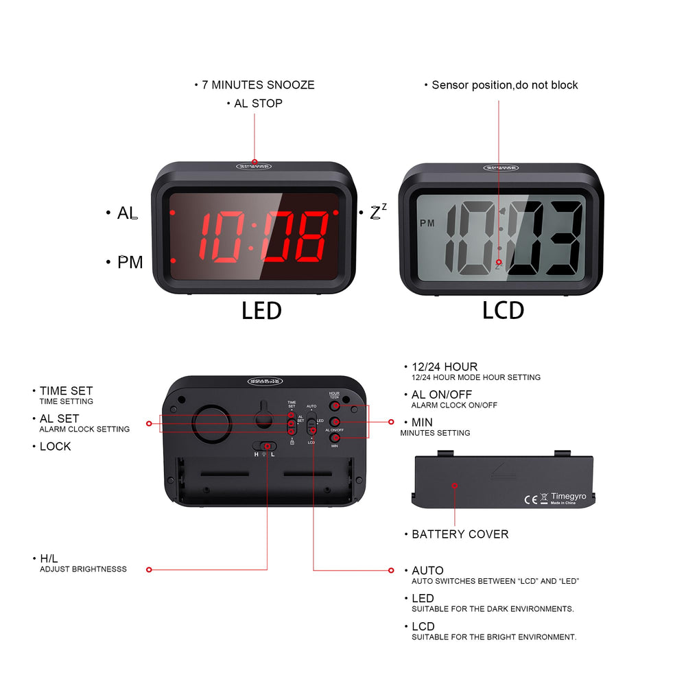 Digital Alarm Clock Battery Operated Small Cordless Desk Shelf Wall Clock Battery Powered