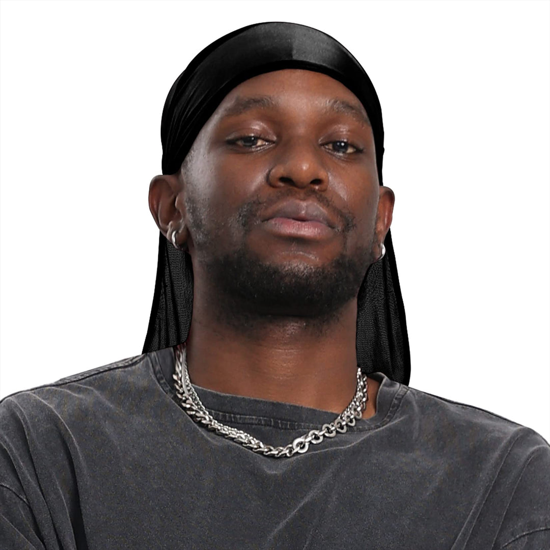 Satin Silk Head Wrap Durag Long Tail Beanies For Men Women Headwraps Cap 2pcs Black&amp;Black