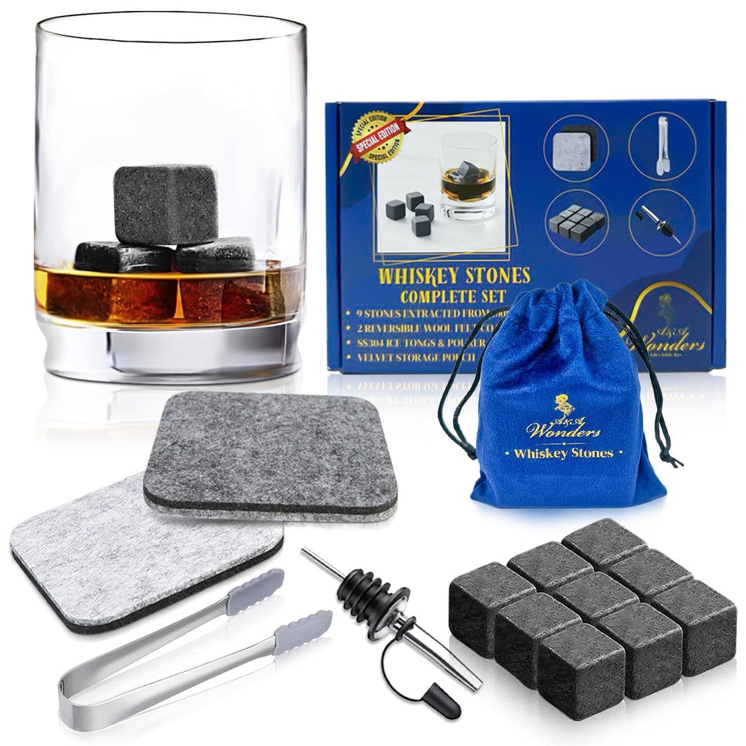 A&amp;A Wonders Premium Whiskey Stones 100% Natural Granite Set of 9 Chilling Rocks Stone Reusable Ice Cubes for Drinks with Velvet Carrying Pouch, Gift for Whiskey Lovers (9 Cubes)