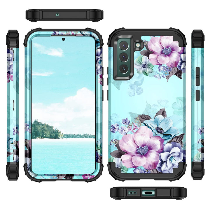 Compatible with Galaxy S22 5G Case,Floral Three Layer Heavy Duty Sturdy Shockproof Full Body Protective Cover Case for Samsung Galaxy S22 5G,Blue Flower