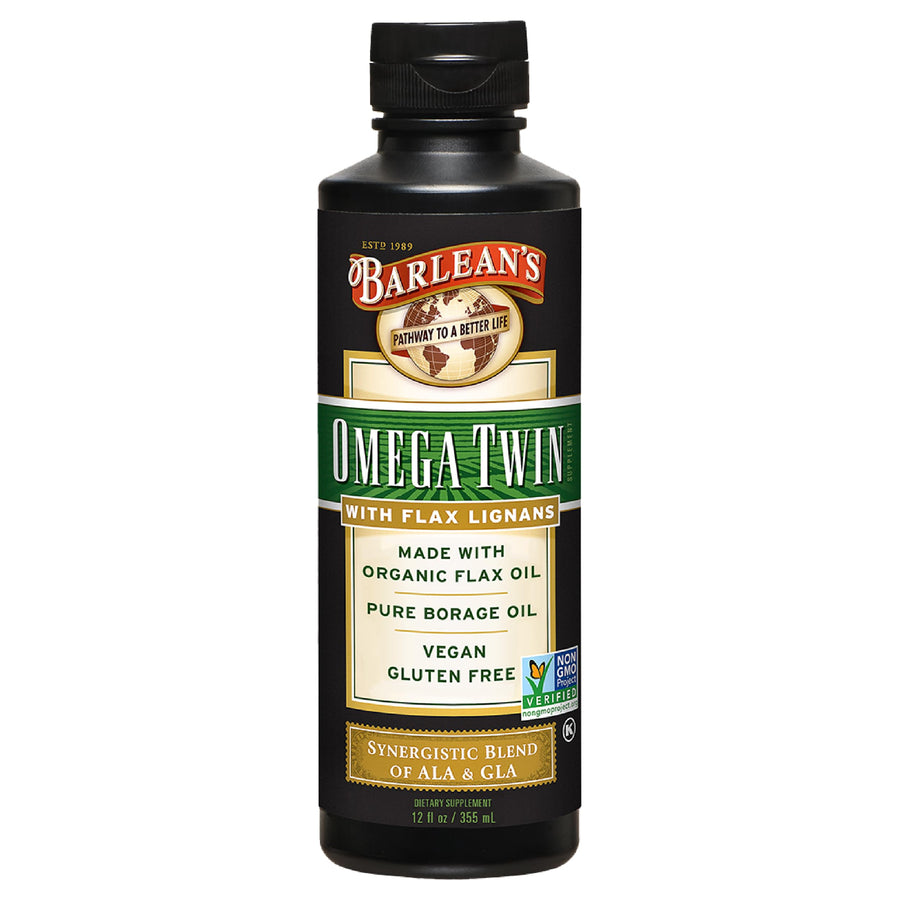 Omega Twin Liquid Flaxseed Oil and Pure Borage Oil Supplement with Lignans, 6,010mg ALA and 465mg GLA Omega Fatty Acids from Organic Flax Seed and Cold Pressed Borage Seeds, 12 oz