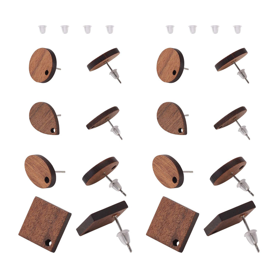 16Pcs Wood Stud Earring Posts with Loop Teardrop Rhombus Oval Flat Round Wood Stud Earring with Ear Nuts for DIY Wooden Earrings Making (CoconutBrown)