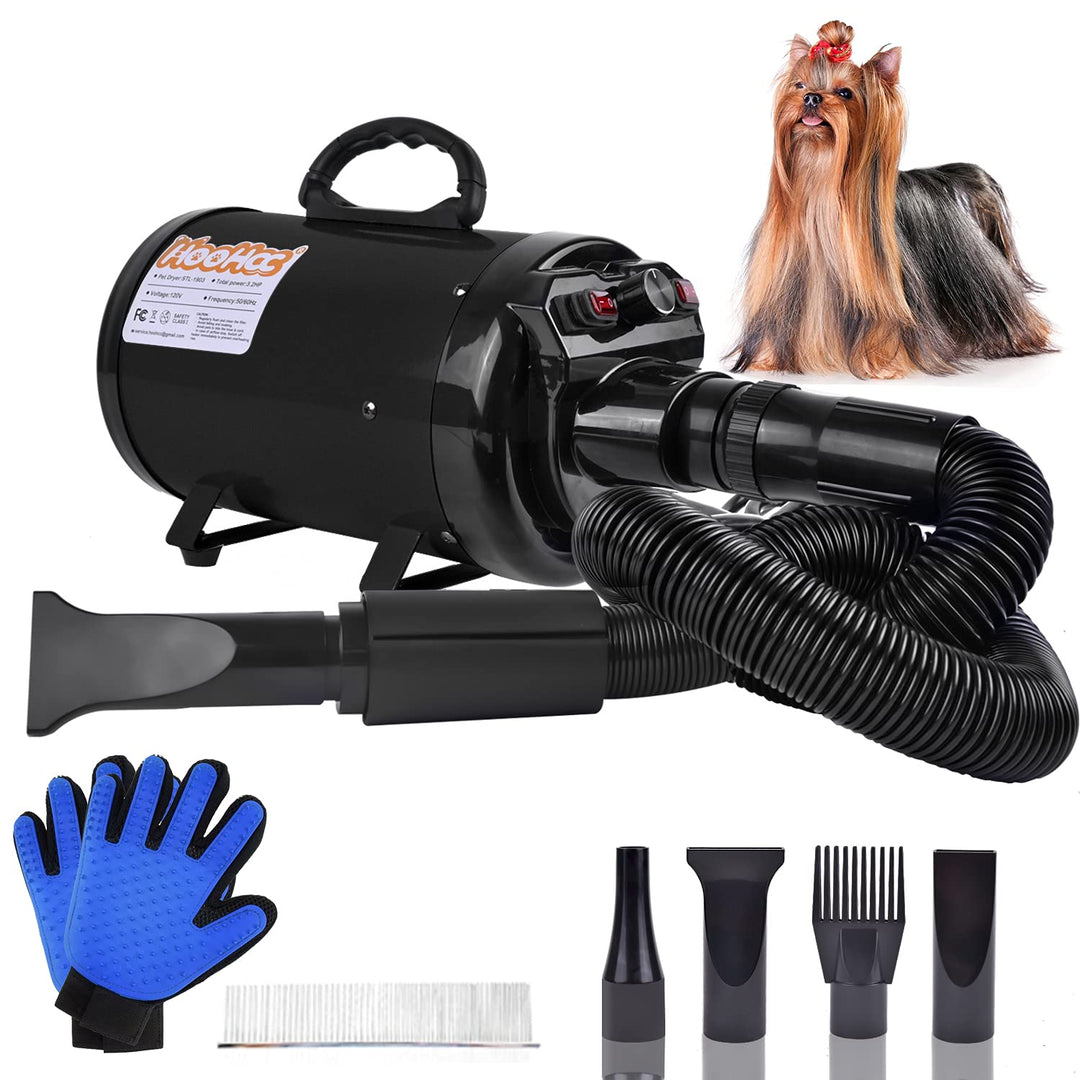 Dog Dryer, High Velocity Dog Hair Dryer, Dog Blow Dryer - Groomer Partner Pet Blower Grooming Force Dryer with Heater, Stepless Adjustable Speed, 4 Different Nozzles, Comb &amp; Pet Grooming Glove (Black)