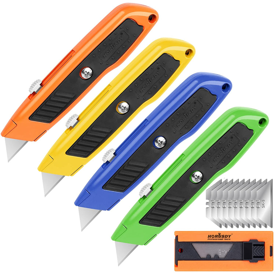 4-Pack Box Cutter Utility Knife, Heavy Duty Aluminum Shell Retractable Box Cutter for Cardboard, Boxes and Cartons, Extra 10 Blades