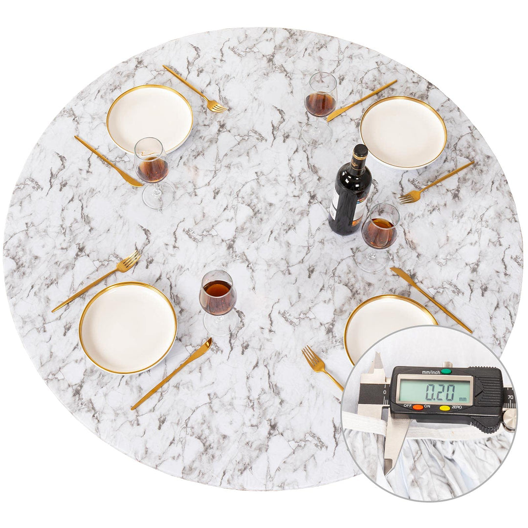 Round Fitted Vinyl Tablecloth with Elastic Edged &amp; Flannel Backing, Waterproof Wipeable Round Table Cover for Indoor Outdoor Patio Use - Fits Tables up to 45 - 56 Diameter(WhiteMarble)