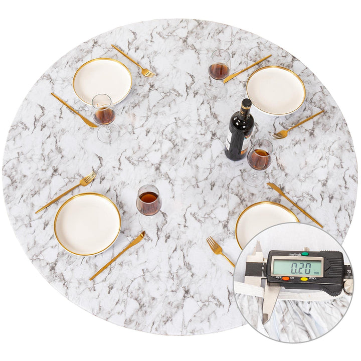 Round Fitted Vinyl Tablecloth with Elastic Edged &amp; Flannel Backing, Waterproof Wipeable Round Table Cover for Indoor Outdoor Patio Use - Fits Tables up to 45 - 56 Diameter(WhiteMarble)