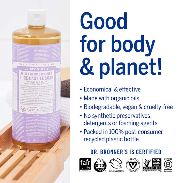 Dr. Bronner&#39;s - Pure-Castile Liquid Soap (Lavender, 32 ounce, 2-Pack) - Made with Organic Oils, 18-in-1 Uses: Face, Body, Hair, Laundry, Pets and Dishes, Concentrated, Vegan, Non-GMO