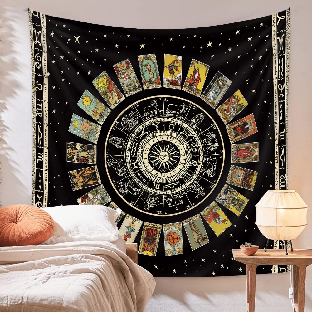 Spiritual Tapestry Star Tarot Card Tapestry Zodiac Astrology Tapestry Witch Constellation Tapestry Aesthetic Tapestry Wall Hanging for Teen Girl&#39;s Bedroom (Black 29x39 inches)