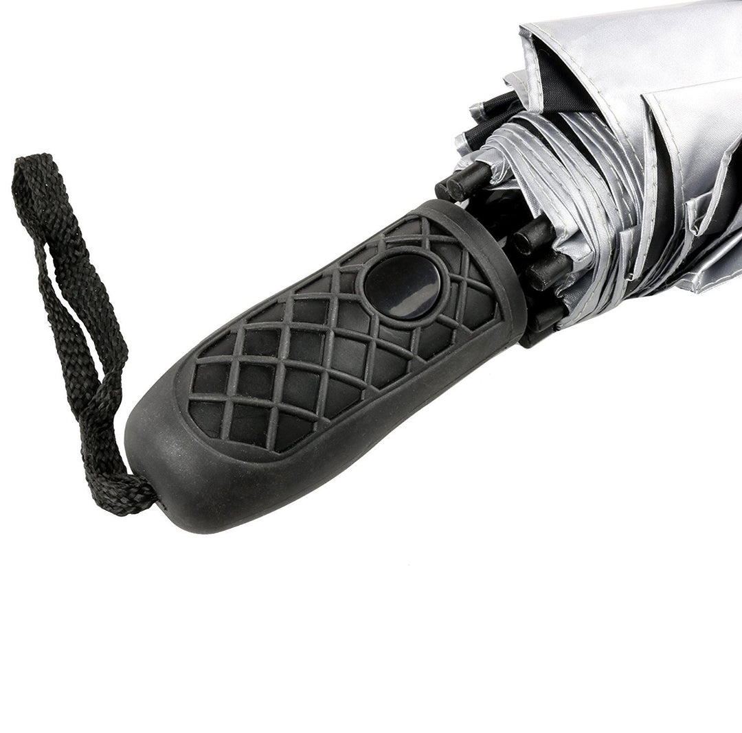 46 UV Protection Silver Coated Vented Canopy Umbrella with Auto Open Telescopic Fiberglass Shaft. Folding Portable Sun Tech