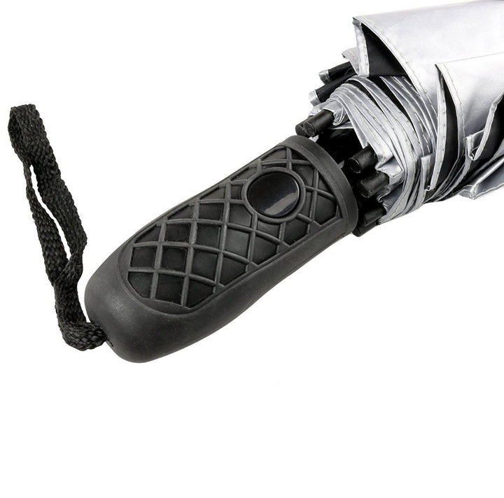 46 UV Protection Silver Coated Vented Canopy Umbrella with Auto Open Telescopic Fiberglass Shaft. Folding Portable Sun Tech