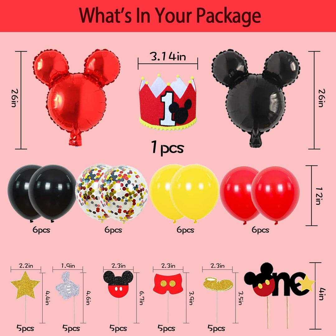 Mouse 1st Birthday Party Supplies Decorations 57Pcs - Happy Birthday Banner ONE Banner Balloons 1 Foil Balloon Hat Door Sign Cupcake Topper Video Game Birthday Decorations for Boys Girls Kids Babies