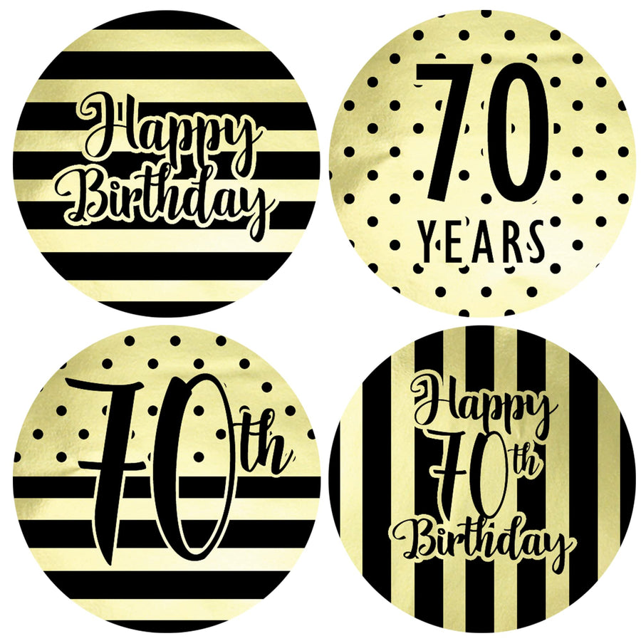 Black and Gold 70th Birthday Favor Stickers, 1.75 in - Shiny Foil - 40 Labels