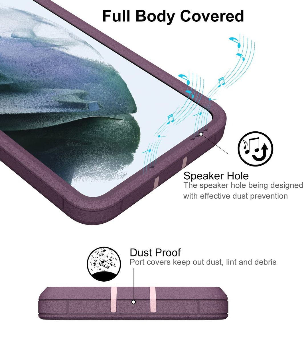 for Samsung Galaxy S21 FE 5G Case, and Glass Screen Protector, Dust Proof Port Cover, Full Body Protection Durable Rubber Cover Phone Case, Purple