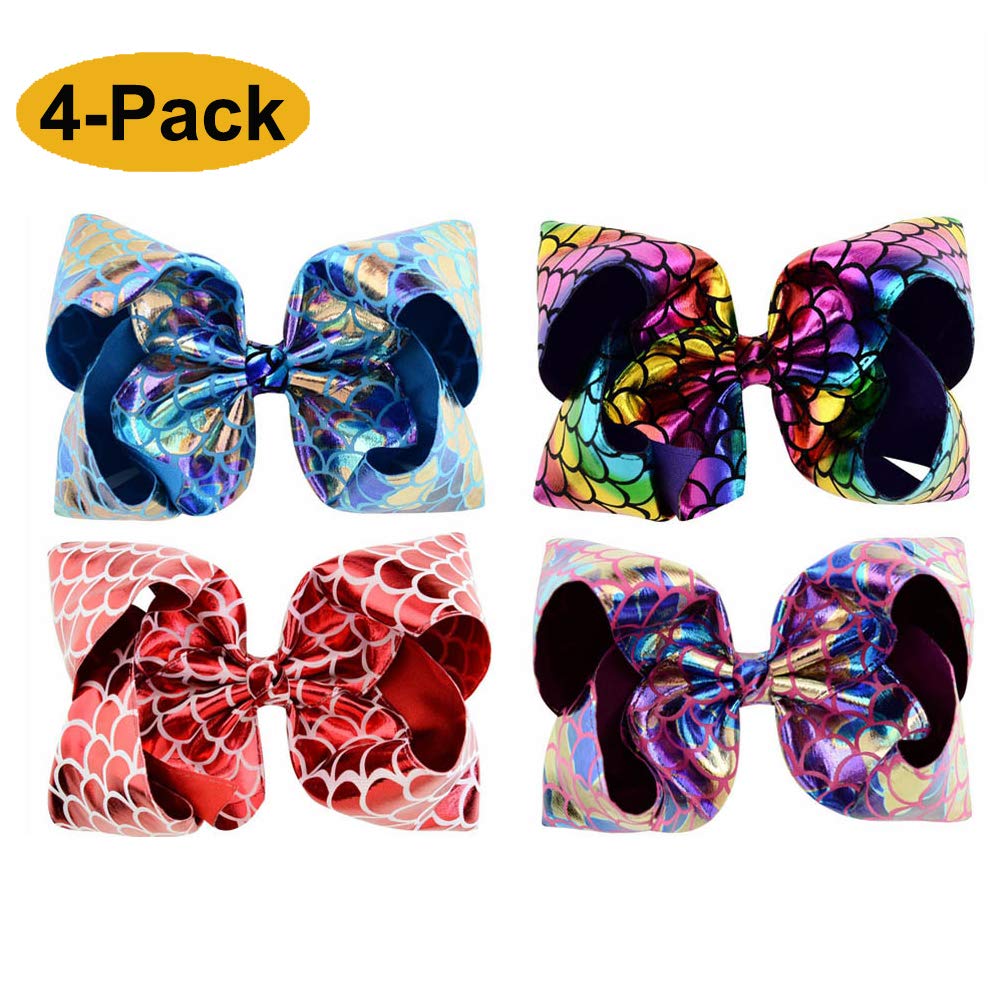 [4-PACK] 8 INCH Large Cute Mermaid Tail Glitter Sparkle Fish Scale Hair Bows Clip Bundle for Girls Toddlers Kids (Mermaid Glitter)