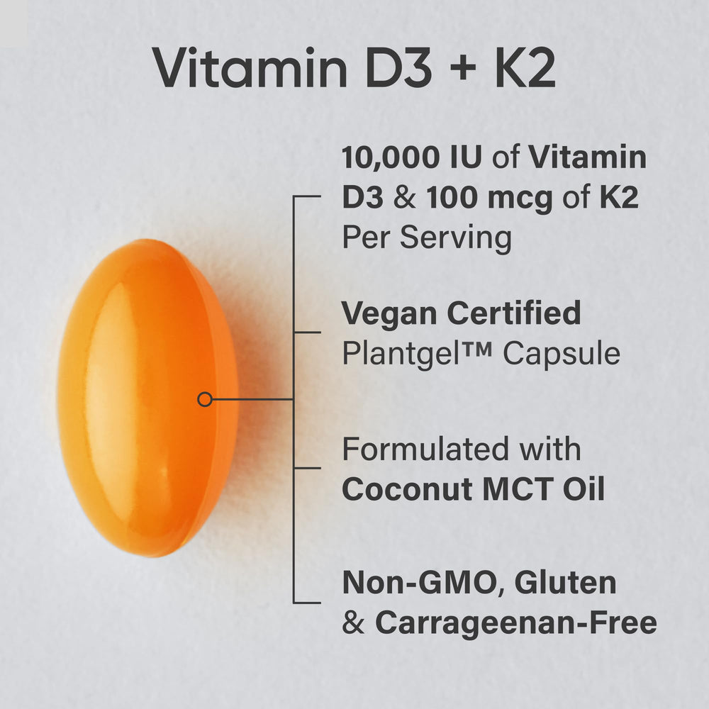 ® Vegan D3 10,000iu with Vitamin K2 100mg - Formulated with Coconut MCT Oil - Vegan Certified, Soy & Gluten Free - 60 Softgels