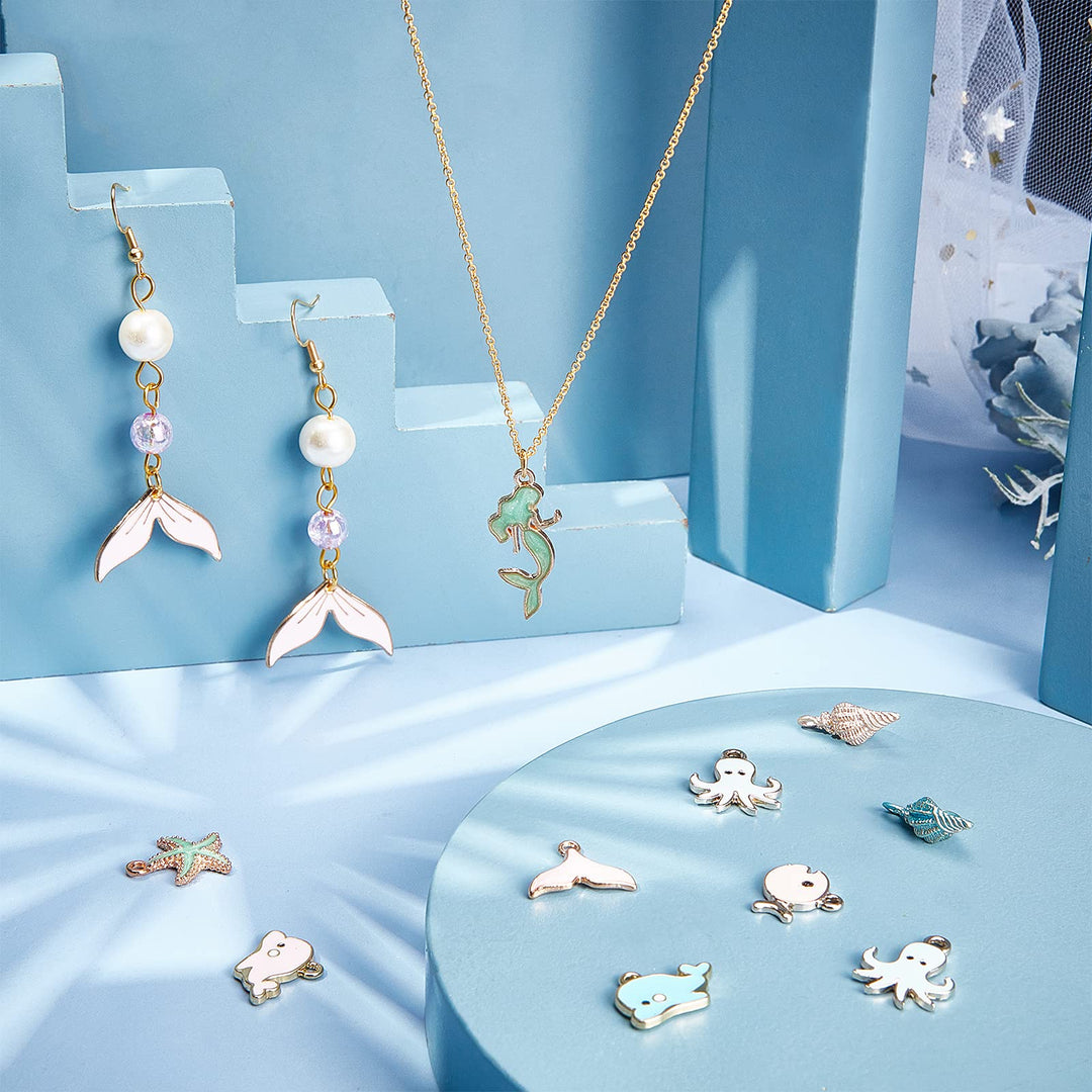 SUNNYCLUE 1 Box 40pcs 10 Styles Ocean Charms Set Mermaid Whale Tail Spiral Shell Sea Stars Octopus Fish Alloy Enamel Charms Pendants for DIY Earrings Necklace Bracelet Making Accessories
