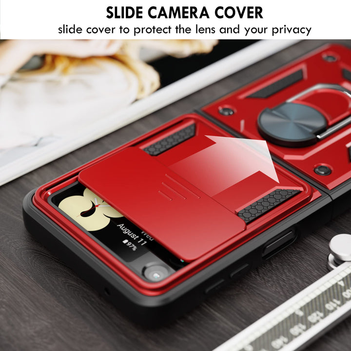 AKABIKE 10 Cent Z Flip4/3 Heavy Duty Shockproof Cam Shield Armor Case with Kickstand Ring Holder for Samsung Galaxy Z Flip 4 5G (2022)/ Z Flip 3 5G (2021), Drop Tested, TPU & PC Combination(Red)