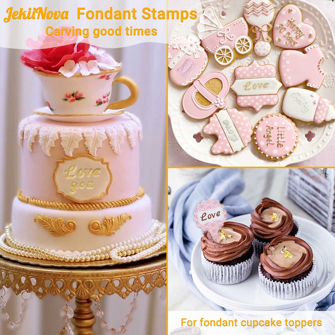 4 PCS Alphabet Letter Fondant Stamps for Biscuit Cake Cookie, Upgraded Food Grade Alphabet Cake Stamp Tool Uppercase Extra Spare Lowercase Numbers Phrases for Christmas Party Reusable Cookie Stamp