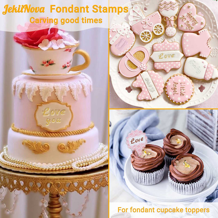 4 PCS Alphabet Letter Fondant Stamps for Biscuit Cake Cookie, Upgraded Food Grade Alphabet Cake Stamp Tool Uppercase Extra Spare Lowercase Numbers Phrases for Christmas Party Reusable Cookie Stamp