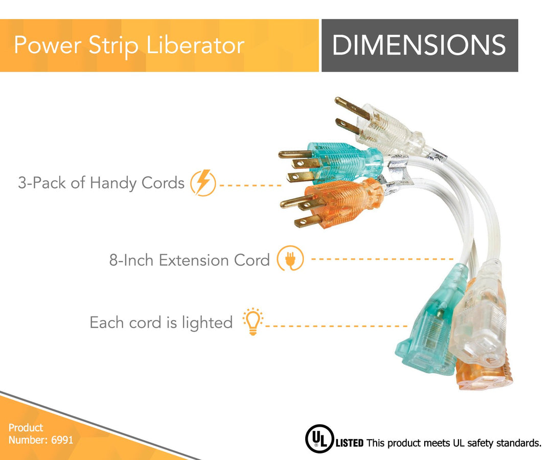 6991 Power Strip Liberator, 8-Inch Extension Cord, 3-Pack