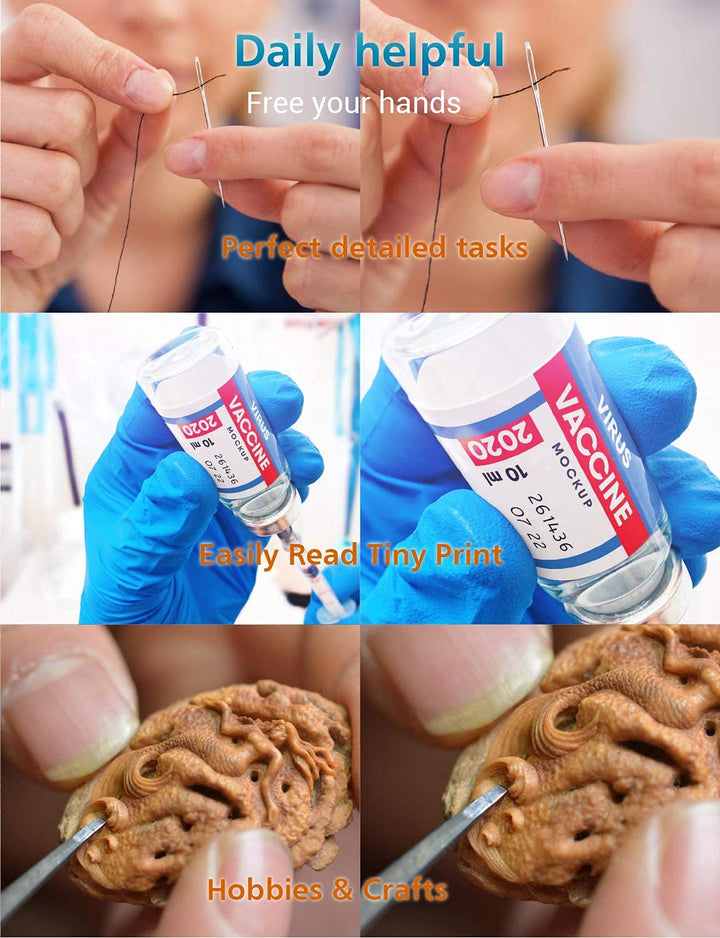 Magnifying Glasses with Light, 200% Magnifying Lighted Eyeglasses, Rechargeable LED Lights, Blue Light Blocking, Hands Free for Close Work (Black)