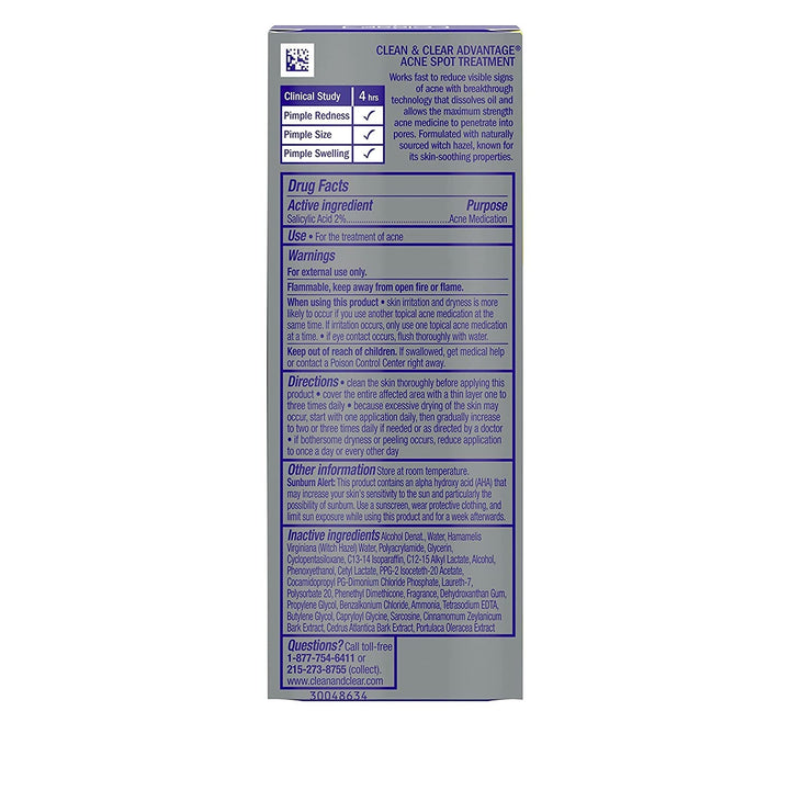Clean &amp; Clear Advantage Acne Spot Treatment, Oil Free Acne Treatment with Salicylic Acid, Gel Pimple Cream for Adults and Teens, Witch Hazel &amp; Salicylic Acid Medication.75 oz (Pack of 4)