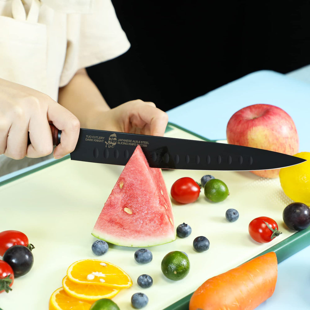 Slicing Knife 9 - Ultra Sharp Granton BBQ Carving Knives - HC Japanese AUS-8 Stainless Steel - Comfortable Pakkawood Handle with Sheath & Luxurious Gift Box - Dark Knight Series