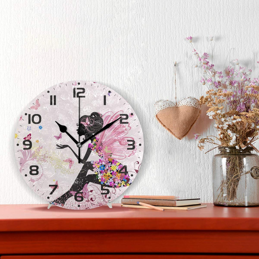 Butterfly Wall Clock Silent Non Ticking Round Easy to Read Home Office School Clock, Flower Fairy Angel Pink