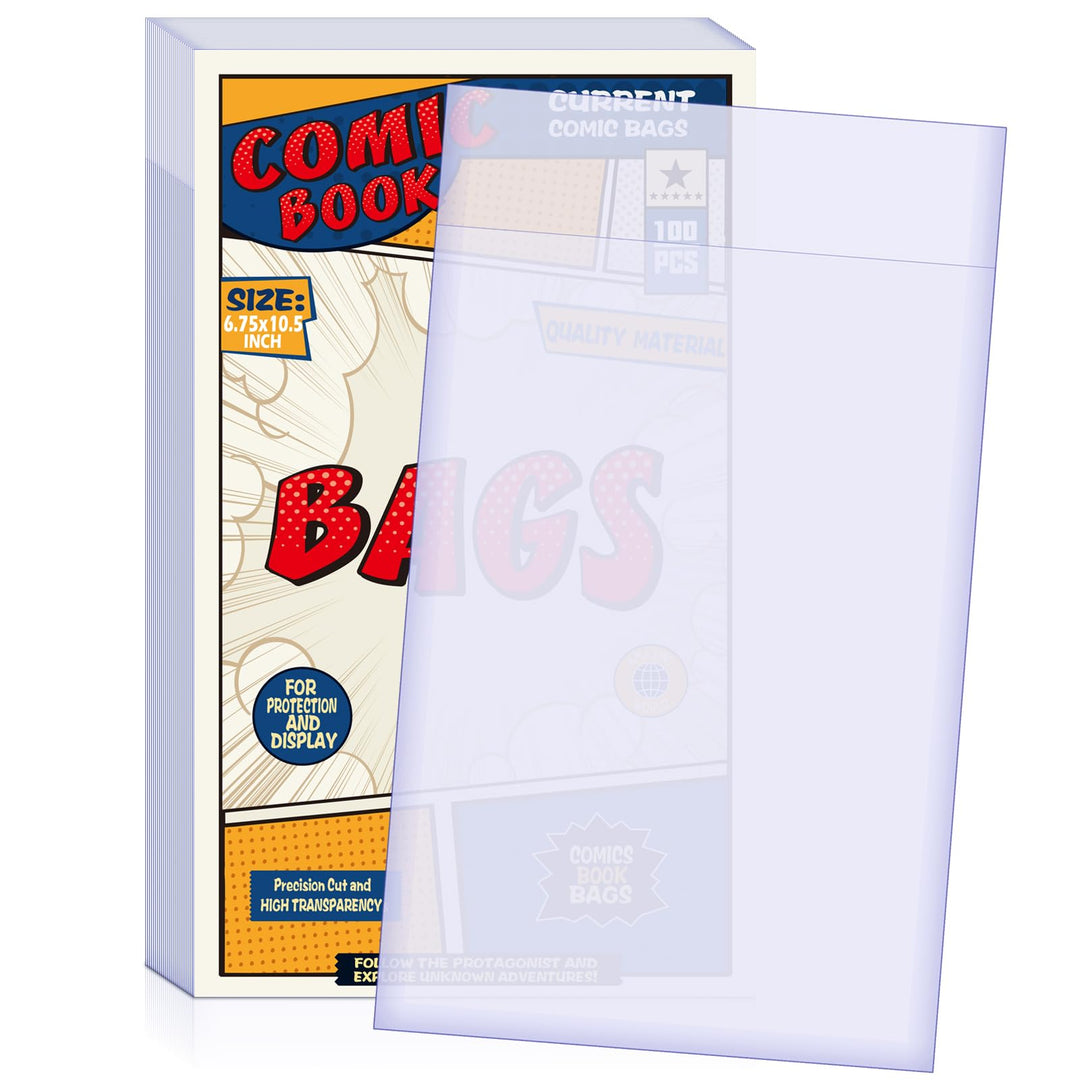Comic Book Bags, Current Size Comic Bags 7.2 X 10.5 inch Transparent Acid-Free and Reusable Comic Book Sleeves for Regular Comics (100)