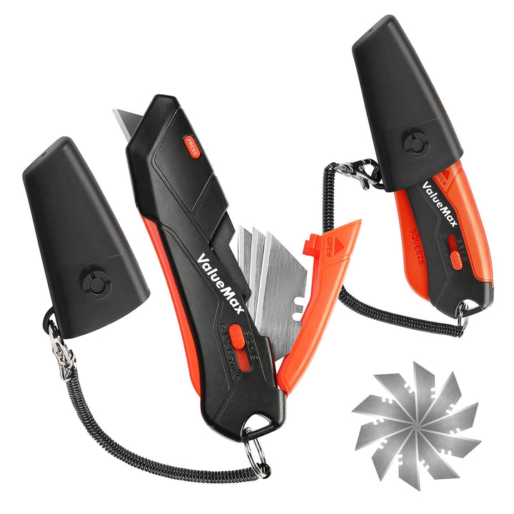 2-Pack Box Cutter Knife, Self-Retracting 3-Position Locking Blade, Safety Sheath, Lanyard, Extra Blades Included