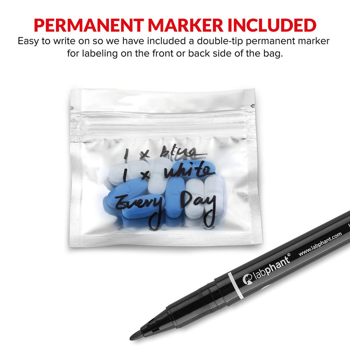 100 Pack Mylar Smell Proof Medicine Bags - Ziplock Accessory Bags with Dual Tip Permanent Marker; Pill Pack Baggies for Medicine, Jewelry, Hardware; Strong Zipper Sealed Pill Pouches (3 x 2, Silver)