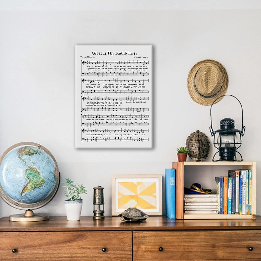 Great Is Thy Faithfulness Canvas Wall Art Painting Ready to Hang for Home Office Living Room Decor - Hymn Wall Art Print Biblical Sheet Music Wall Decor Gifts - Easel &amp; Hanging Hook 12x15 Inch