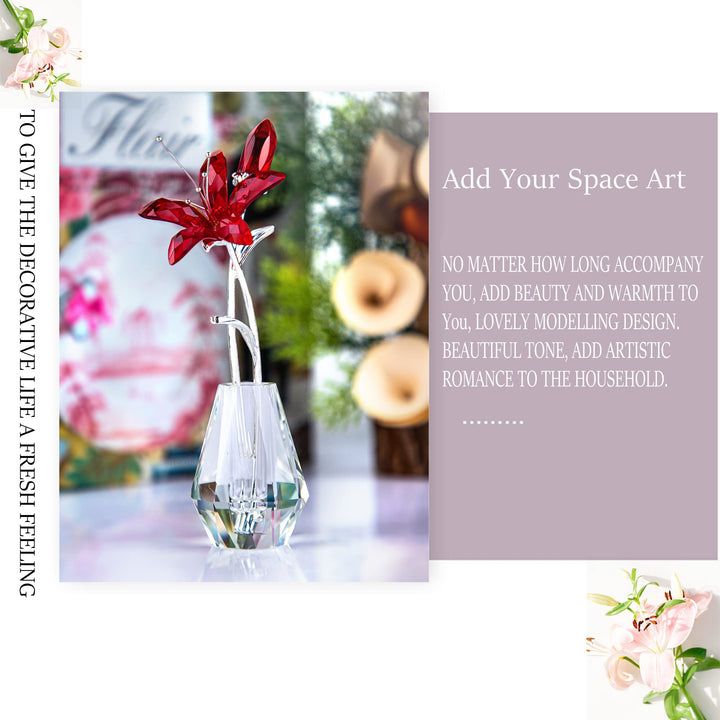 H&amp;D HYALINE &amp; DORA Crystal Calla Lily Flower Figurine Collectible Wedding Bouquets with Crystal Vase for Home Wedding Party Decor, Red Flower with Sliver Metal Stem