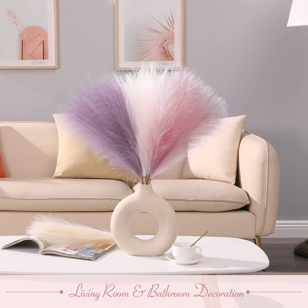 Pampas Grass Decor 17 Inch 6pcs, Purple Pink Artificial Pampas Grass Home Wedding Decor, Small Faux Pampas Fake Pompous Boho Vase Filler, Bathroom Living Room Decoration