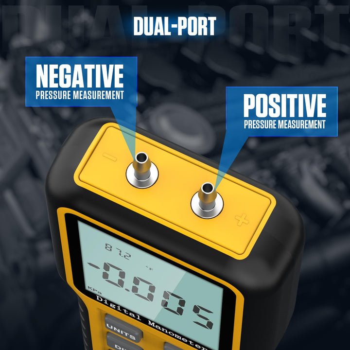 Digital Manometer, Dual-Port Manometer Gas Pressure Tester, Handheld HVAC Manometer, 12 Selectable Units Differential Pressure Gauge, Large LCD Display with Backlight