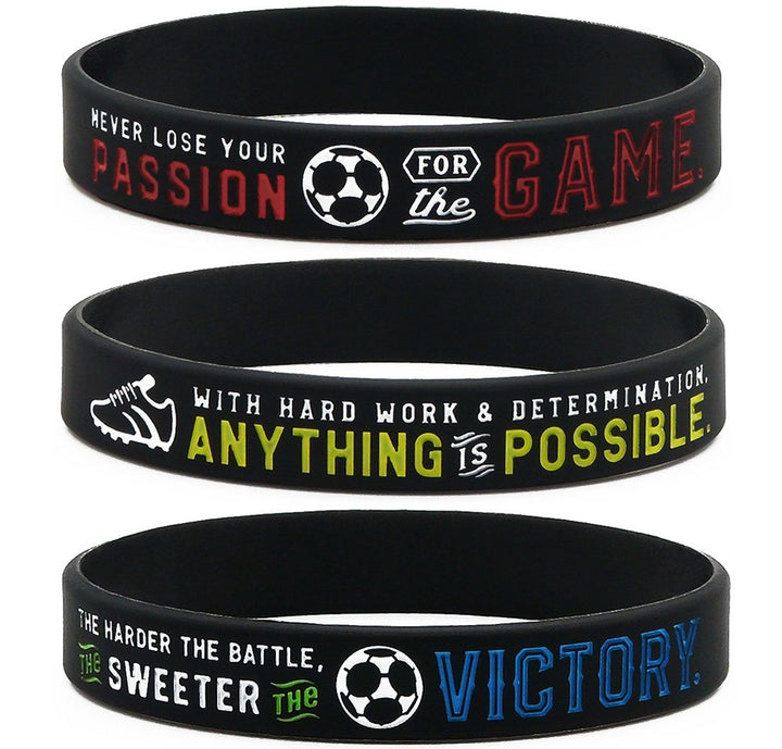 Soccer Silicone Wristbands with Motivational Sayings (6-pack) - Soccer Bracelets Jewelry Gifts