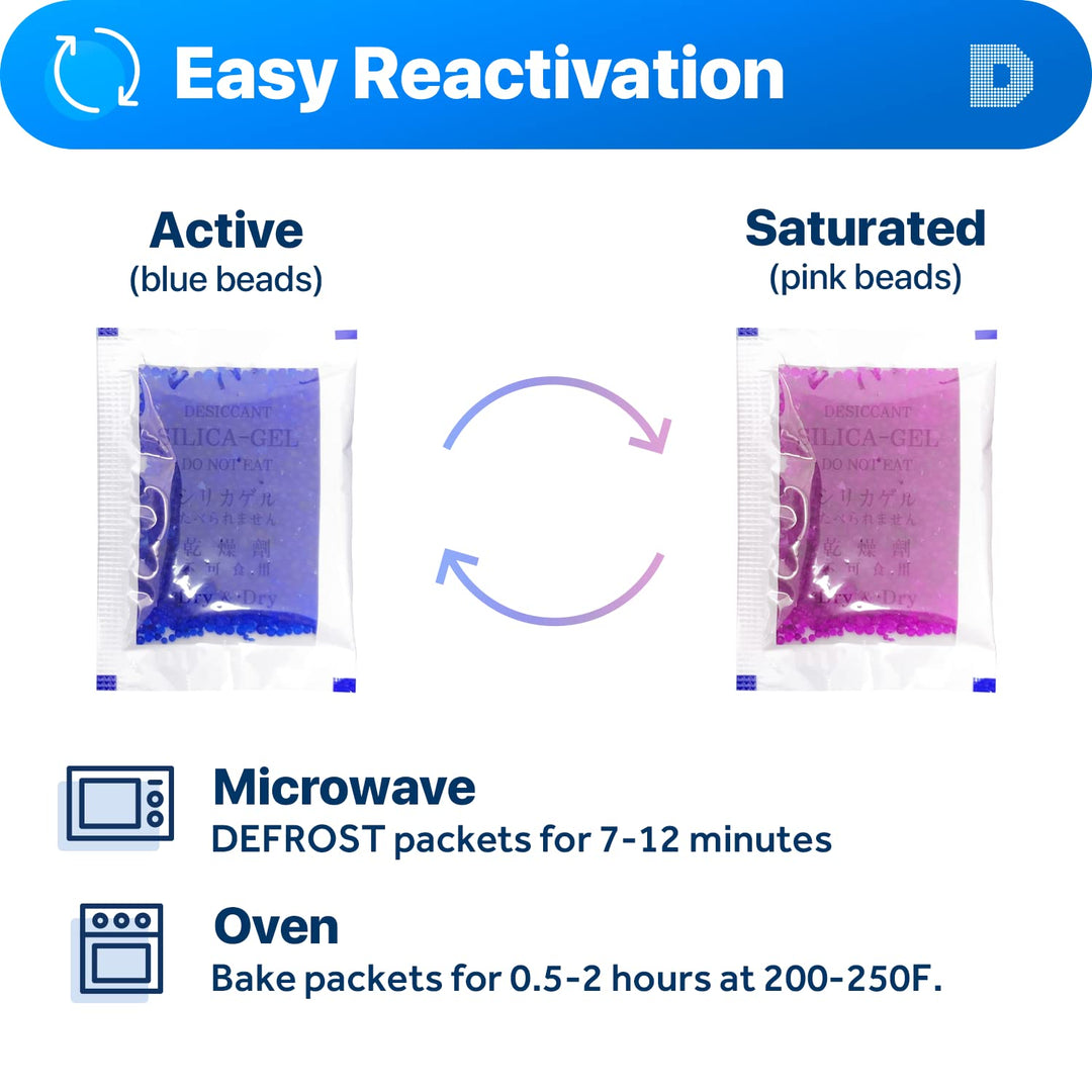 Dry &amp; Dry 5 Gram [50 Packets] Blue Indicating(Blue to Pink) Silica Gel Packets Desiccants Silica Gel Packets - Rechargeable Silica Packets, Silica Gel, Silica Gel Packs