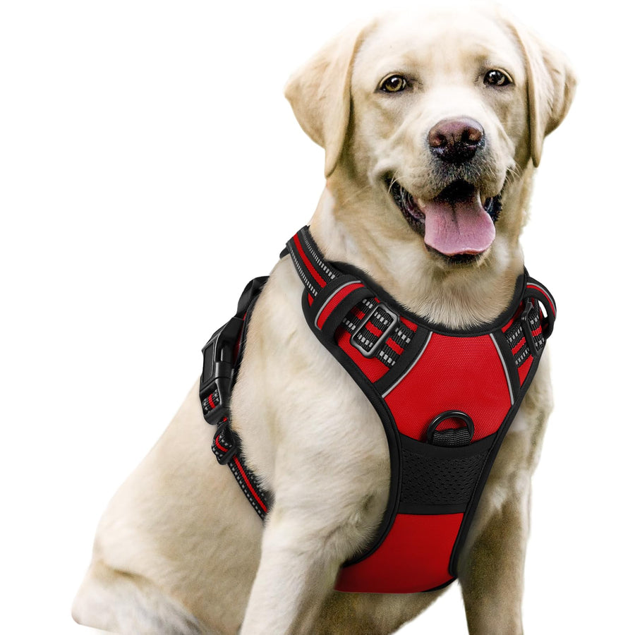 Dog Harness No Pull with 2 Leash Clips, Adjustable Soft Padded, Reflective Oxford No Choke Pet Vest with Easy Control Handle for Large Dogs, Red, L